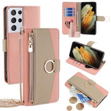 Custodia per telefono in pelle con trama crossbody Litchi per Samsung Galaxy S21 Ultra 5G (rosa)