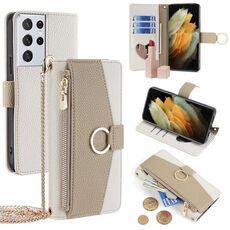 Custodia per telefono in pelle con trama crossbody Litchi per Samsung Galaxy S21 Ultra 5G (bianca)