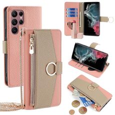 Custodia per telefono in pelle con trama crossbody Litchi per Samsung Galaxy S22 Ultra 5G (rosa)