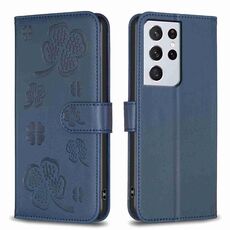 Custodia per telefono in pelle goffrata a quattro foglie per Samsung Galaxy S21 Ultra 5G (blu)