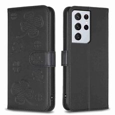 Custodia per telefono in pelle goffrata a quattro foglie per Samsung Galaxy S21 Ultra 5G (nera)