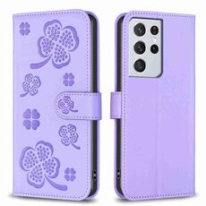 Custodia per telefono in pelle goffrata a quattro foglie per Samsung Galaxy S21 Ultra 5G (viola)