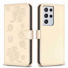 Custodia per telefono in pelle goffrata a quattro foglie per Samsung Galaxy S21 Ultra 5G (oro)
