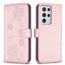 Custodia per telefono in pelle goffrata a quattro foglie per Samsung Galaxy S21 Ultra 5G (rosa)