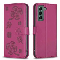 Custodia per telefono in pelle goffrata a quattro foglie per Samsung Galaxy S22+ 5G (rosa rosso)