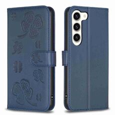 Custodia per telefono in pelle goffrata a quattro foglie per Samsung Galaxy S23+ 5G (blu)
