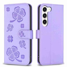 Custodia per telefono in pelle goffrata a quattro foglie per Samsung Galaxy S23+ 5G (viola)