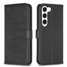 Custodia per telefono in pelle goffrata a quattro foglie per Samsung Galaxy S24+ 5G (nera)