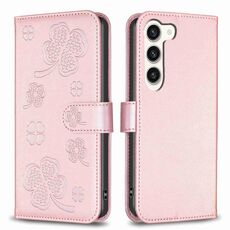 Custodia per telefono in pelle goffrata a quattro foglie per Samsung Galaxy S24+ 5G (rosa)