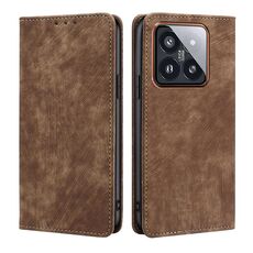 Custodia per telefono in pelle magnetica con spazzola antifurto RFID Xiaomi 14 Pro (marrone)