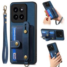 Per Xiaomi 14 Pro Custodia per telefono con retro in pelle a portafoglio con cinturino incrociato retrò (blu)