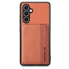 Per Samsung Galaxy S23 FE 5G Porta carte magnetiche in fibra di carbonio Custodia per telefono con blocco RFID (marrone)