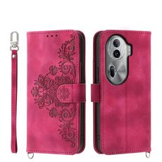 Per OPPO Reno 11 Pro Custodia per telefono in pelle con fiori in rilievo con sensazione di pelle (vino rosso)