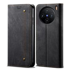 Custodia per cellulare in pelle flip con texture denim per vivo X100 (nera)