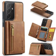 Per Samsung Galaxy S21 Ultra DG.MING Serie M5 Custodia per telefono in pelle staccabile con cerniera RFID multi card (marrone)