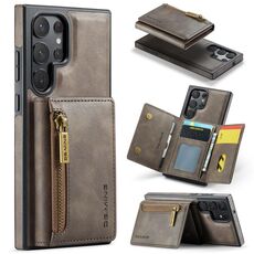 Per Samsung Galaxy S22 Ultra DG.MING Serie M5 Custodia per telefono in pelle staccabile con cerniera RFID multi card (caffè)