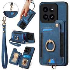Per Xiaomi 14 Custodia per telefono a portafoglio multi-card RFID con anello retro skin-feel (blu)