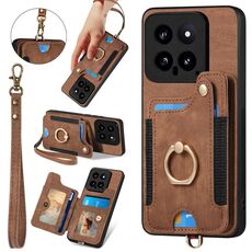 Per Xiaomi 14 Custodia per telefono a portafoglio RFID multi-scheda con anello retro skin-feel (marrone)