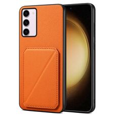 Custodia per telefono posteriore in similpelle di vitello Denior per Samsung Galaxy S23+ 5G con supporto (arancione)