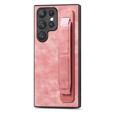 Custodia per telefono posteriore in pelle con supporto per cinturino retrò per Samsung Galaxy S22 Ultra 5G (rosa)