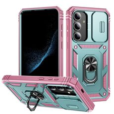 Per Samsung Galaxy S24 5G Custodia scorrevole Camshield TPU + PC con supporto (verde + rosa)