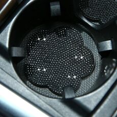 Sottobicchiere in PVC decorato con fiori di pruno riempito di diamanti montato su auto (nero)