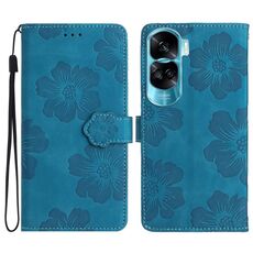Custodia per telefono in pelle con motivo floreale in rilievo per Honor 90 Lite (blu)