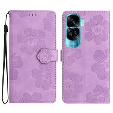 Custodia per telefono in pelle con motivo floreale in rilievo per Honor 90 Lite (viola)