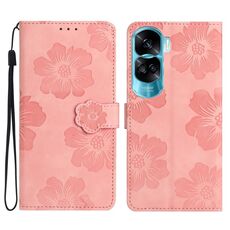 Custodia per telefono in pelle con motivo floreale in rilievo per Honor 90 Lite (rosa)