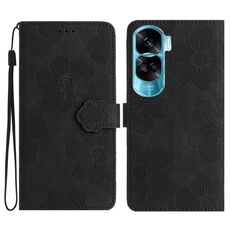 Custodia per telefono in pelle con motivo floreale in rilievo per Honor 90 Lite (nera)