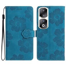 Custodia per telefono in pelle con motivo floreale in rilievo per Honor 90 Pro (blu)