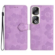 Custodia per telefono in pelle con motivo floreale in rilievo per Honor 90 Pro (viola)