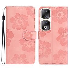 Custodia per telefono in pelle con motivo floreale in rilievo per Honor 90 Pro (rosa)