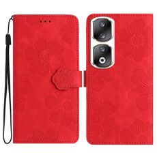 Custodia per telefono in pelle con motivo floreale in rilievo per Honor 90 Pro (rossa)