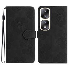 Custodia per telefono in pelle con motivo floreale in rilievo per Honor 90 Pro (nera)
