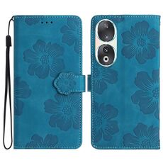 Custodia per telefono in pelle con motivo floreale in rilievo per Honor 90 (blu)