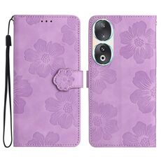 Custodia per telefono in pelle con motivo floreale in rilievo per Honor 90 (viola)