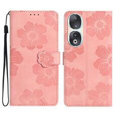 Custodia per telefono in pelle con motivo floreale in rilievo per Honor 90 (rosa)