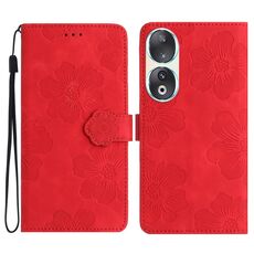 Custodia per telefono in pelle con motivo floreale in rilievo per Honor 90 (rossa)