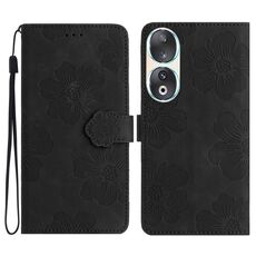 Custodia per telefono in pelle con motivo floreale in rilievo per Honor 90 (nera)