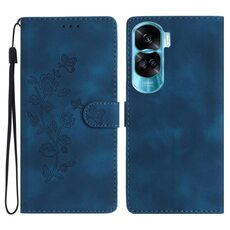 Custodia per cellulare in pelle con motivo a farfalla con fiore per Honor 90 Lite (blu)