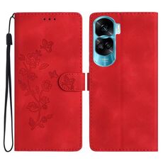 Custodia per cellulare in pelle con motivo a farfalla con fiori per Honor 90 Lite (rossa)