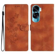 Custodia per cellulare in pelle con motivo a farfalla con fiori per Honor 90 Lite (marrone)
