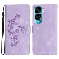 Custodia per telefono in pelle con motivo a farfalla con fiore per Honor 90 Lite (viola)