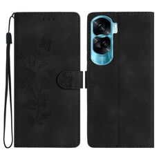 Custodia per cellulare in pelle con motivo a farfalla con fiore per Honor 90 Lite (nera)