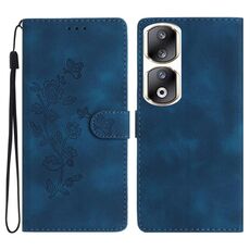 Custodia per telefono in pelle con motivo a farfalla con fiore per Honor 90 Pro (blu)