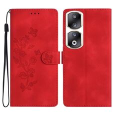Custodia per telefono in pelle con motivo a farfalla con fiore per Honor 90 Pro (rossa)