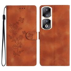 Custodia per telefono in pelle con motivo a farfalla con fiore per Honor 90 Pro (marrone)