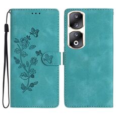 Custodia per telefono in pelle con motivo a farfalla con fiore per Honor 90 Pro (blu cielo)