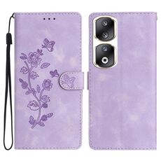 Custodia per telefono in pelle con motivo a farfalla con fiore per Honor 90 Pro (viola)